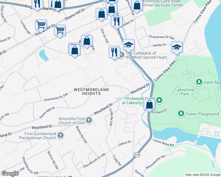 map of restaurants, bars, coffee shops, grocery stores, and more near 910 Water Wheel Way in Knoxville