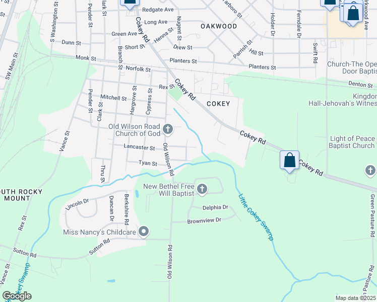 map of restaurants, bars, coffee shops, grocery stores, and more near 1101 Proctor Street in Rocky Mount