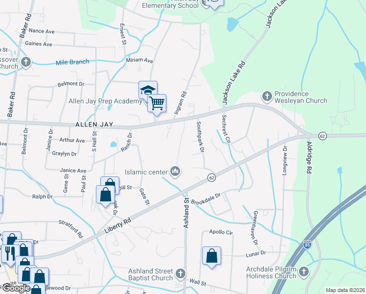 map of restaurants, bars, coffee shops, grocery stores, and more near 3619 Akers Court in High Point