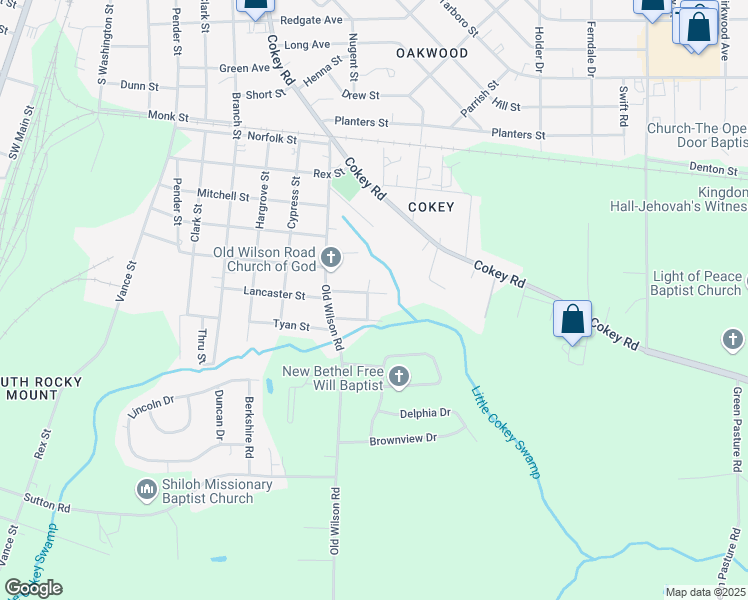 map of restaurants, bars, coffee shops, grocery stores, and more near 1103 Proctor Street in Rocky Mount