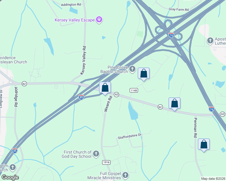 map of restaurants, bars, coffee shops, grocery stores, and more near 1770 North Carolina 62 in Archdale