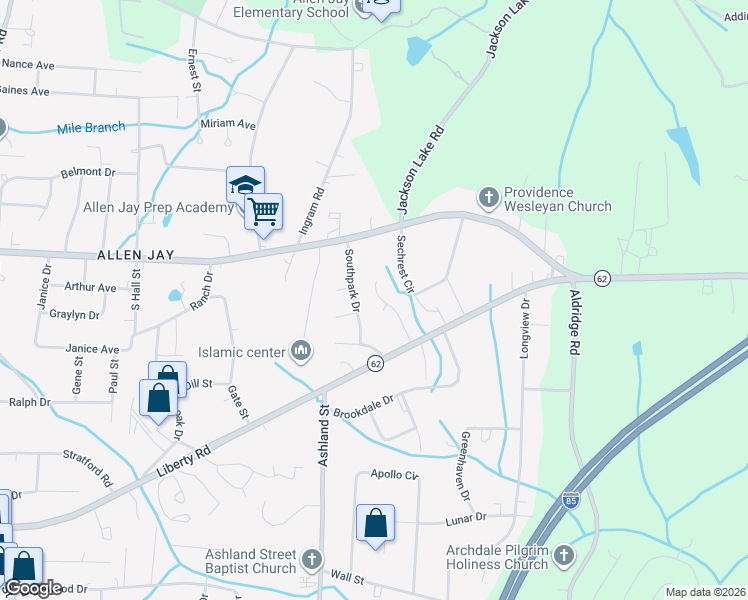 map of restaurants, bars, coffee shops, grocery stores, and more near 101 Gracie Court in Archdale