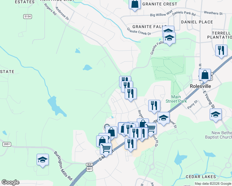 map of restaurants, bars, coffee shops, grocery stores, and more near 414 Morgan Brook Way in Rolesville