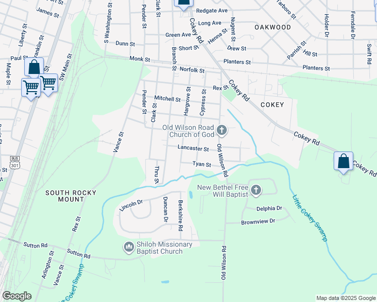 map of restaurants, bars, coffee shops, grocery stores, and more near 811 Lancaster Street in Rocky Mount