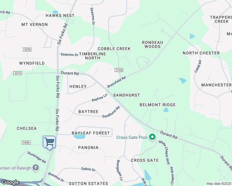 map of restaurants, bars, coffee shops, grocery stores, and more near 13616 Durant Road in Raleigh
