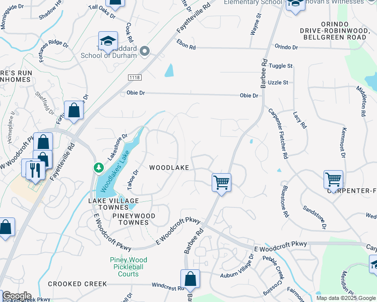 map of restaurants, bars, coffee shops, grocery stores, and more near 5902 Wateree Drive in Durham