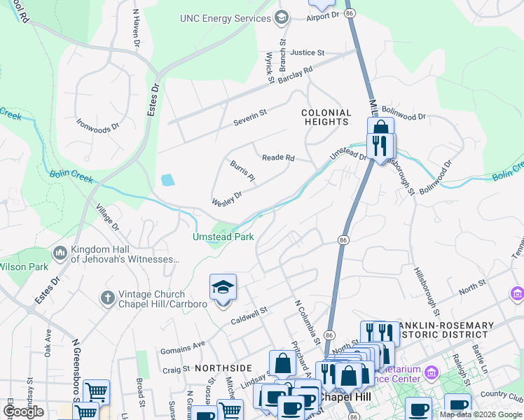 map of restaurants, bars, coffee shops, grocery stores, and more near 334 Umstead Drive in Chapel Hill
