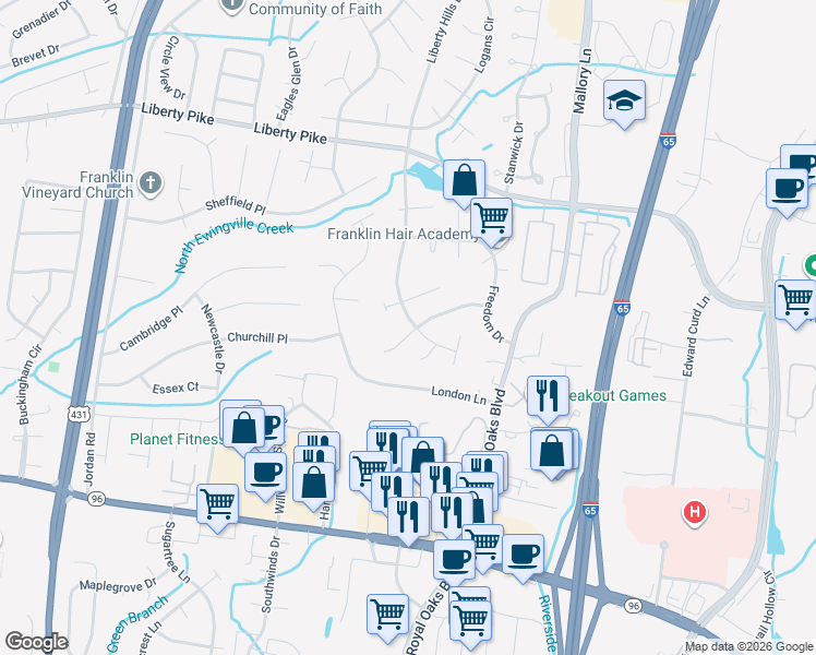 map of restaurants, bars, coffee shops, grocery stores, and more near 836 West Benjamin Court in Franklin