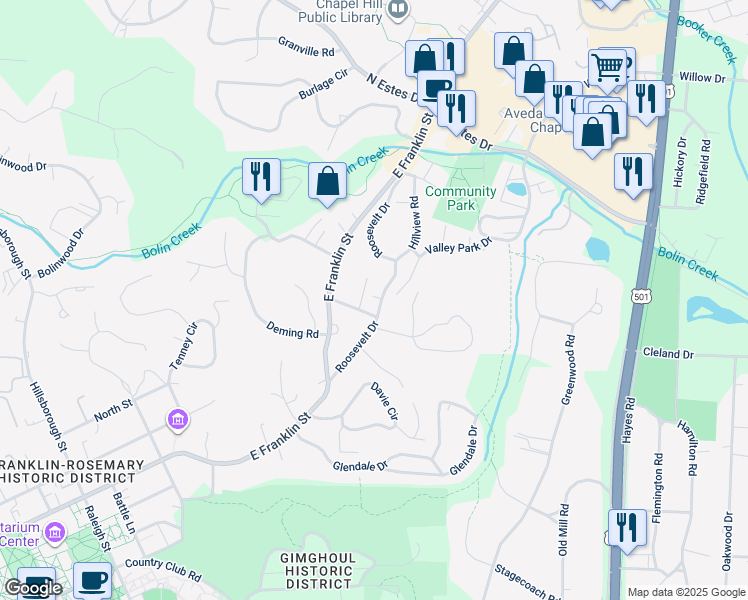 map of restaurants, bars, coffee shops, grocery stores, and more near 1103 Roosevelt Drive in Chapel Hill