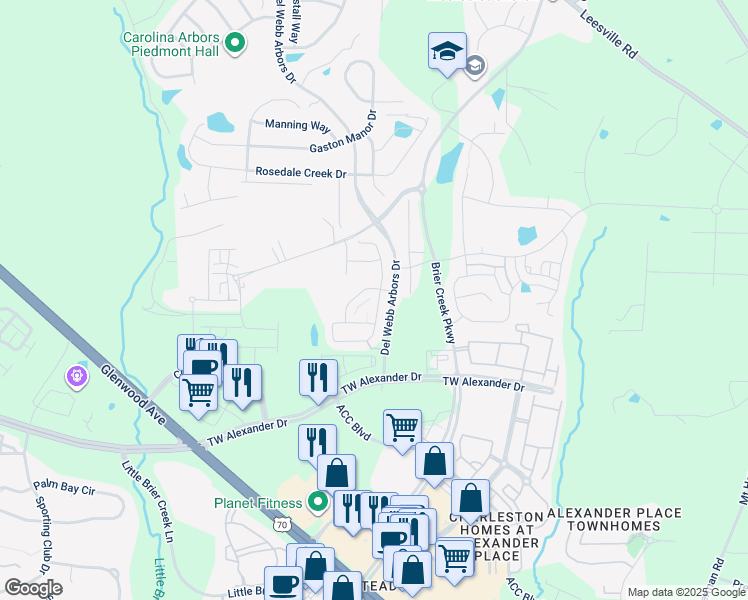 map of restaurants, bars, coffee shops, grocery stores, and more near 312 Brier Crossings Loop in Durham