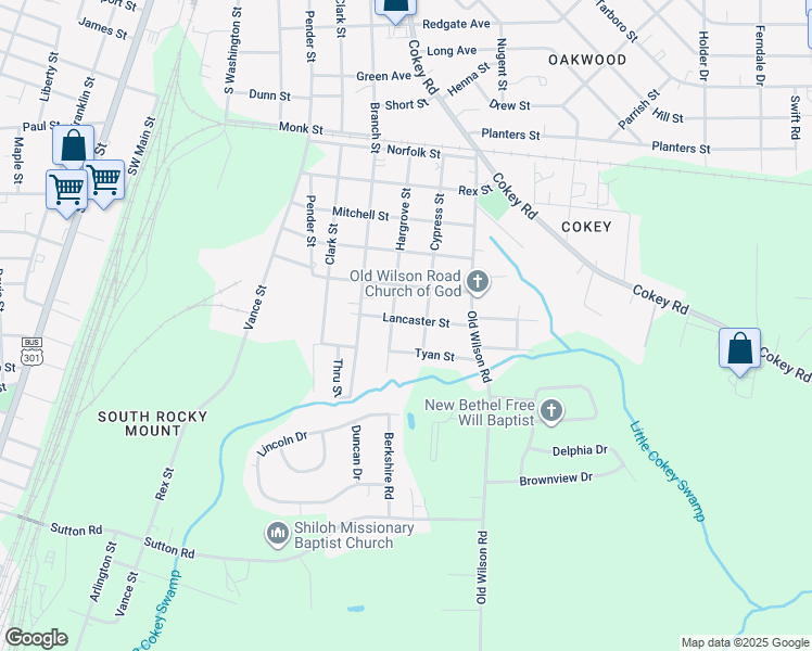 map of restaurants, bars, coffee shops, grocery stores, and more near 811 Lancaster Street in Rocky Mount
