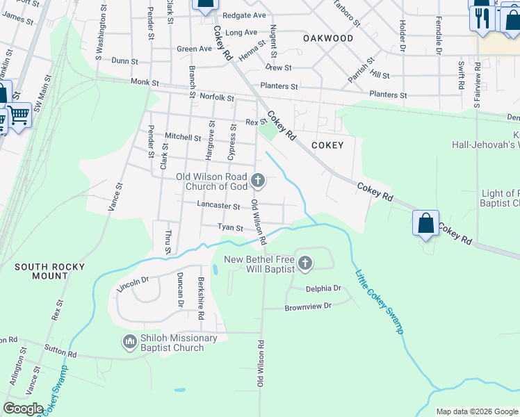 map of restaurants, bars, coffee shops, grocery stores, and more near 1614 Old Wilson Road in Rocky Mount