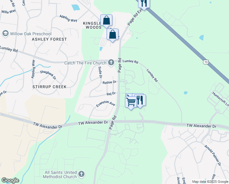 map of restaurants, bars, coffee shops, grocery stores, and more near 5202 Dilbagh Drive in Durham