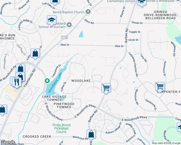 map of restaurants, bars, coffee shops, grocery stores, and more near 5902 Wateree Drive in Durham