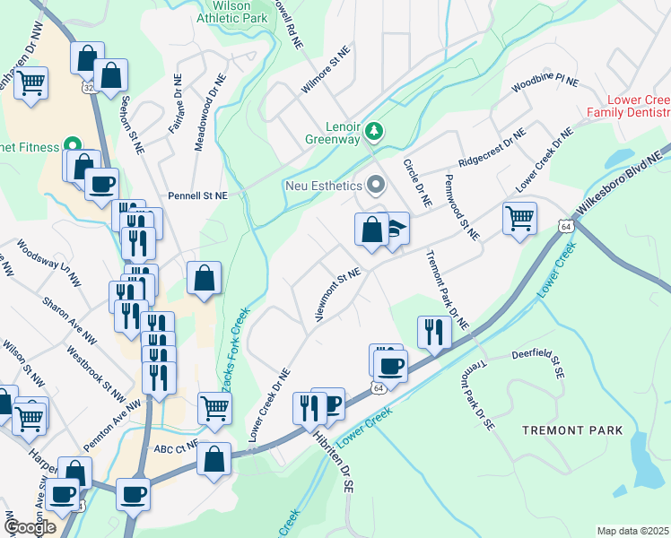 map of restaurants, bars, coffee shops, grocery stores, and more near 523 Viewmont Street Northeast in Lenoir
