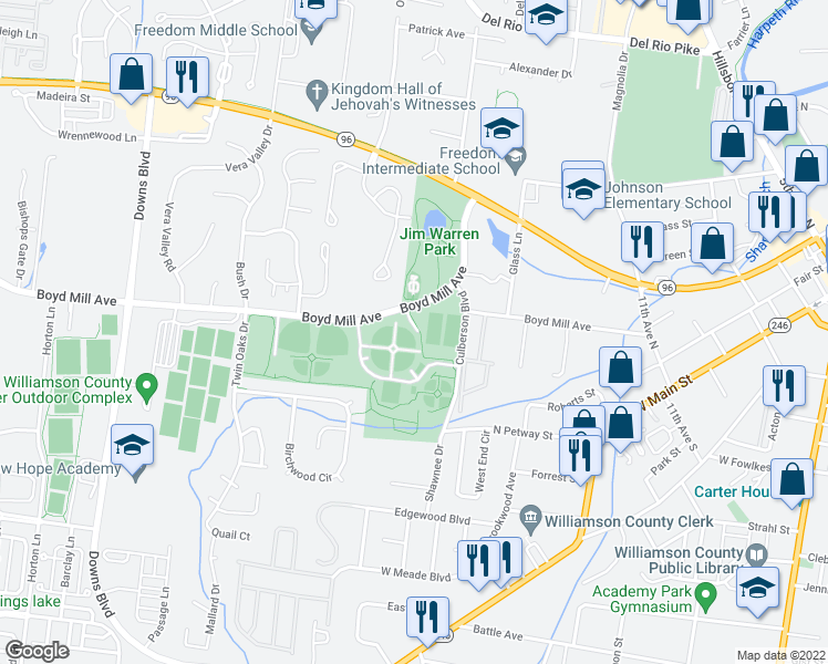 map of restaurants, bars, coffee shops, grocery stores, and more near New Highway 96 West in Franklin