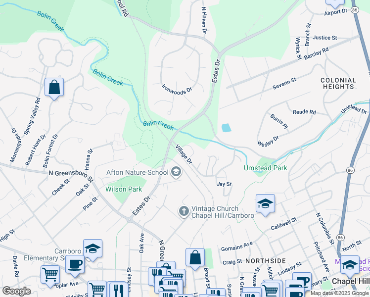 map of restaurants, bars, coffee shops, grocery stores, and more near 457 Fairoaks Circle in Chapel Hill