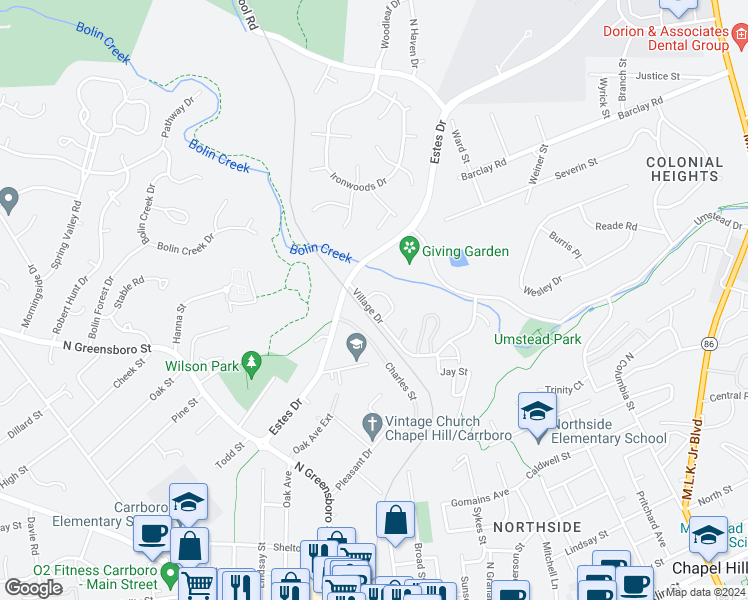 map of restaurants, bars, coffee shops, grocery stores, and more near 457 Fairoaks Circle in Chapel Hill