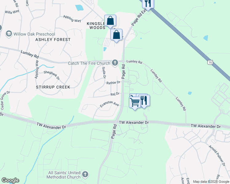 map of restaurants, bars, coffee shops, grocery stores, and more near 5203 Dilbagh Drive in Durham