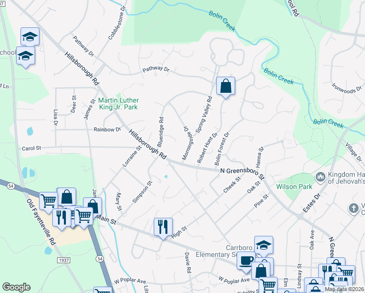 map of restaurants, bars, coffee shops, grocery stores, and more near 103 Morningside Drive in Carrboro
