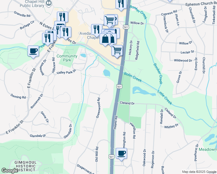 map of restaurants, bars, coffee shops, grocery stores, and more near 613 Greenwood Road in Chapel Hill