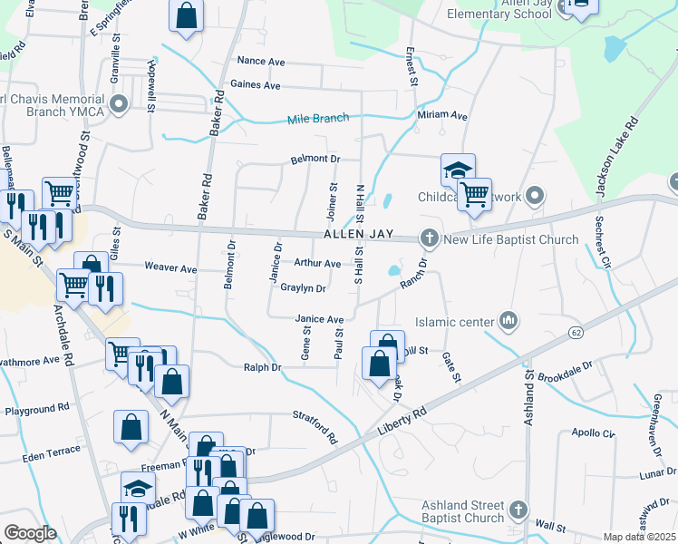 map of restaurants, bars, coffee shops, grocery stores, and more near 830 Graylyn Drive in High Point