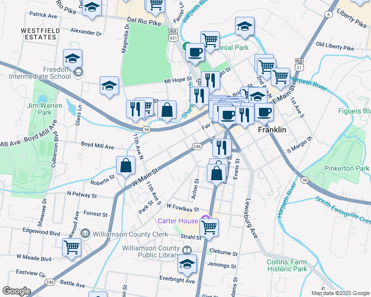 map of restaurants, bars, coffee shops, grocery stores, and more near 909 West Main Street in Franklin