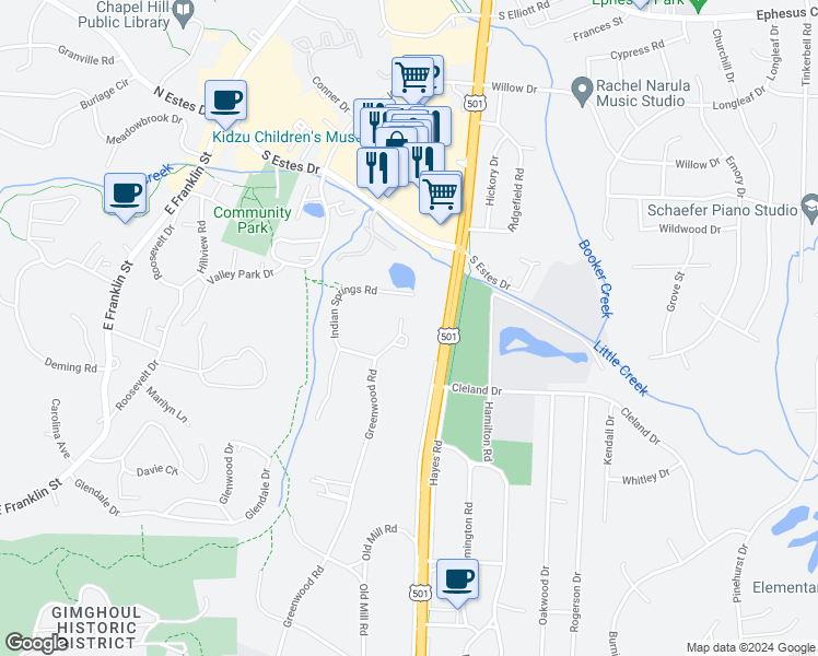 map of restaurants, bars, coffee shops, grocery stores, and more near 613 Greenwood Road in Chapel Hill