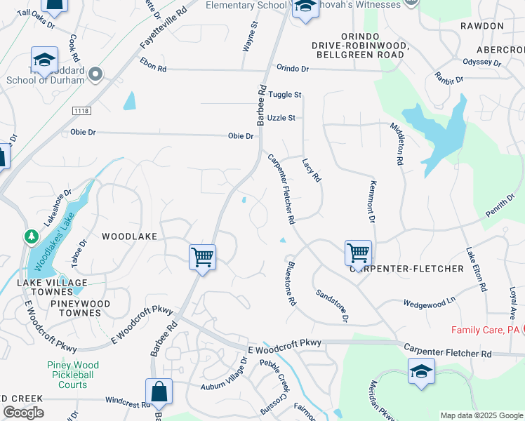 map of restaurants, bars, coffee shops, grocery stores, and more near 6304 Coronado Lane in Durham