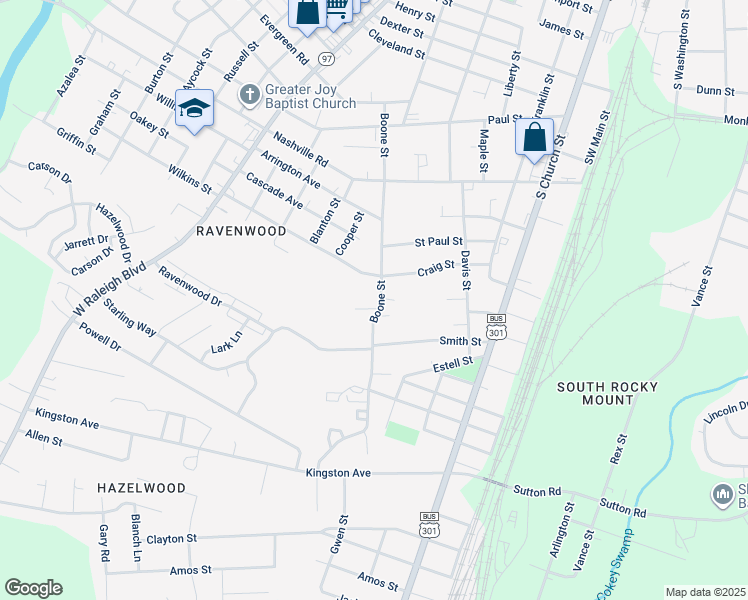 map of restaurants, bars, coffee shops, grocery stores, and more near in Rocky Mount