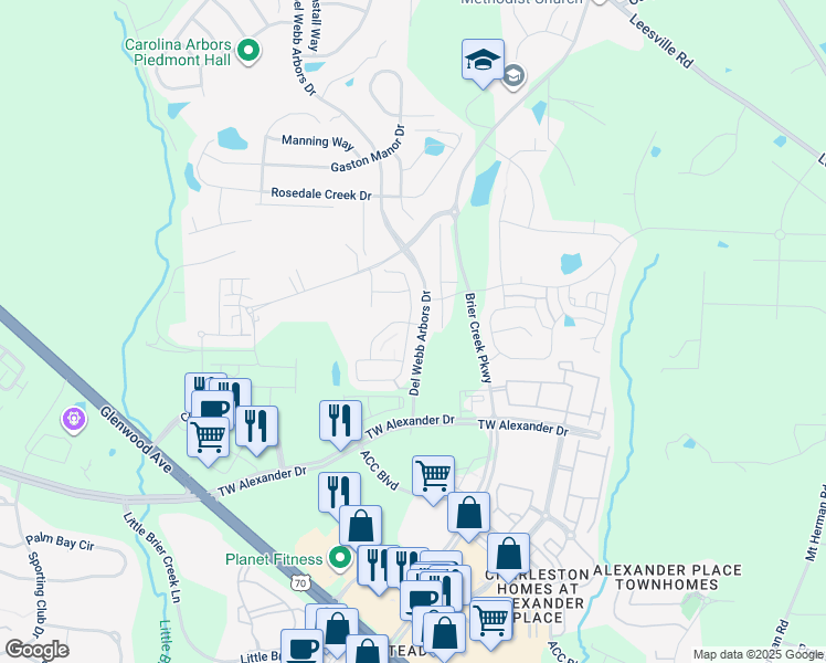 map of restaurants, bars, coffee shops, grocery stores, and more near 309 Brier Crossings Loop in Durham