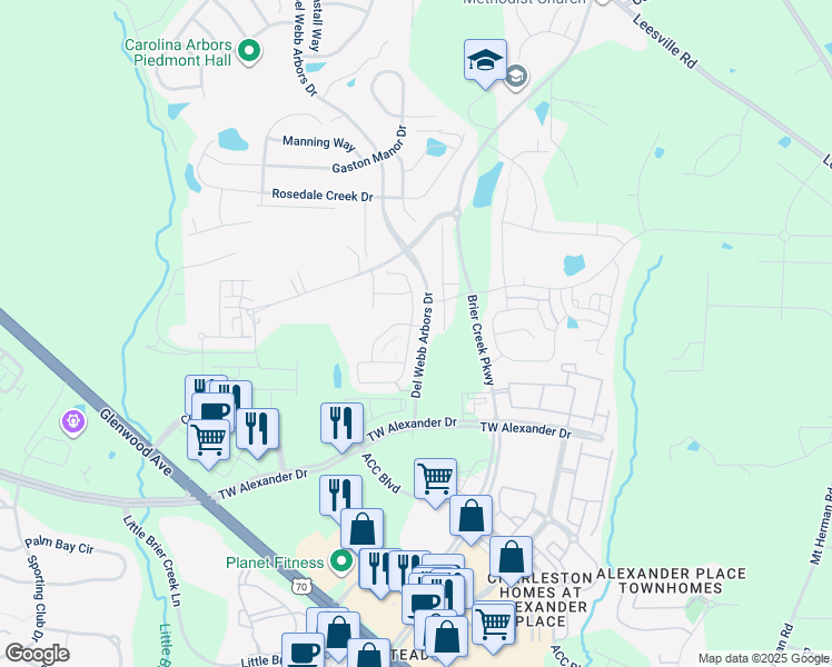 map of restaurants, bars, coffee shops, grocery stores, and more near 309 Brier Crossings Loop in Durham