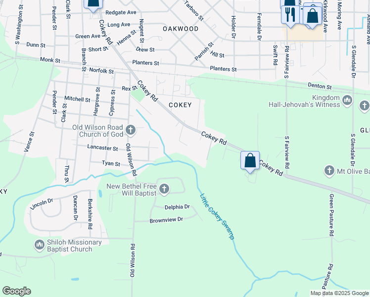map of restaurants, bars, coffee shops, grocery stores, and more near 108 Parrish Court in Rocky Mount