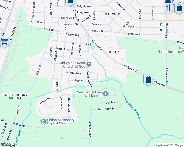 map of restaurants, bars, coffee shops, grocery stores, and more near 1024 Johnson Street in Rocky Mount