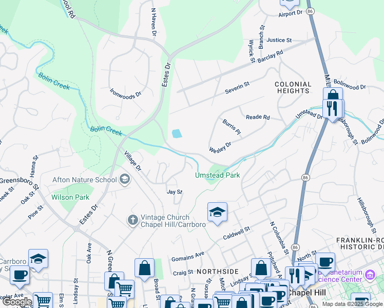 map of restaurants, bars, coffee shops, grocery stores, and more near 373 Umstead Drive in Chapel Hill