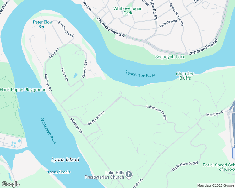 map of restaurants, bars, coffee shops, grocery stores, and more near 3505 Bluff Point Drive in Knoxville