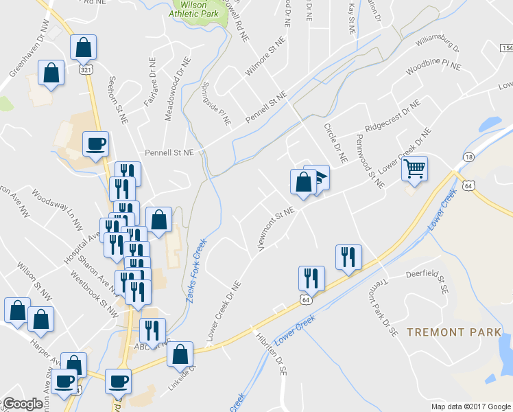 map of restaurants, bars, coffee shops, grocery stores, and more near 533 Dogwood Street Northeast in Lenoir