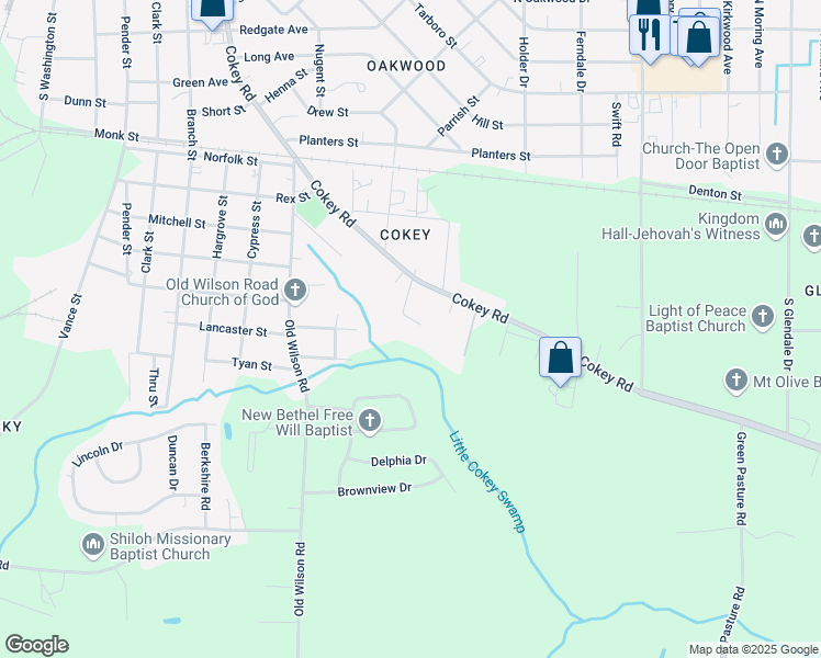 map of restaurants, bars, coffee shops, grocery stores, and more near 108 Parrish Court in Rocky Mount