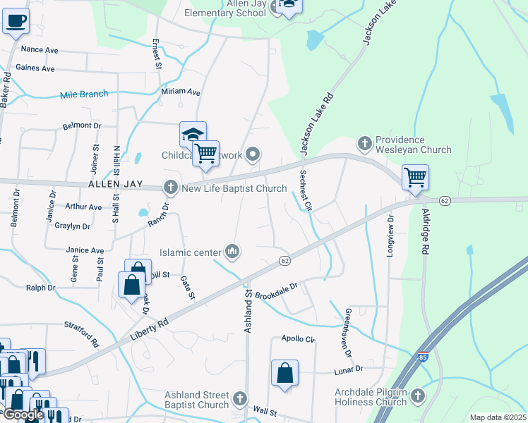 map of restaurants, bars, coffee shops, grocery stores, and more near 3618 Southpark Drive in High Point