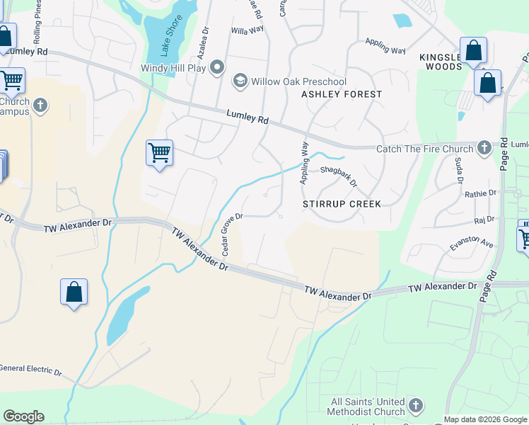 map of restaurants, bars, coffee shops, grocery stores, and more near 2106 Cedar Grove Drive in Durham
