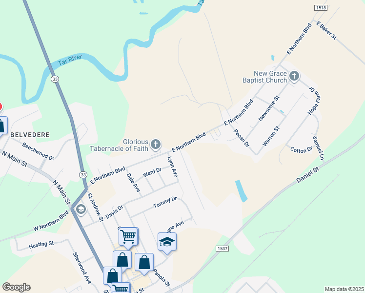 map of restaurants, bars, coffee shops, grocery stores, and more near 907 East Northern Boulevard in Tarboro