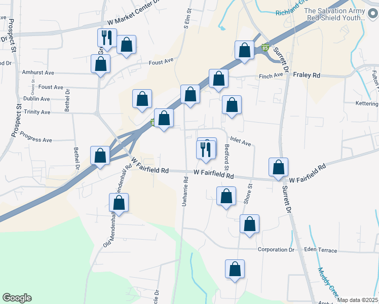 map of restaurants, bars, coffee shops, grocery stores, and more near 2631 Uwharrie Road in High Point