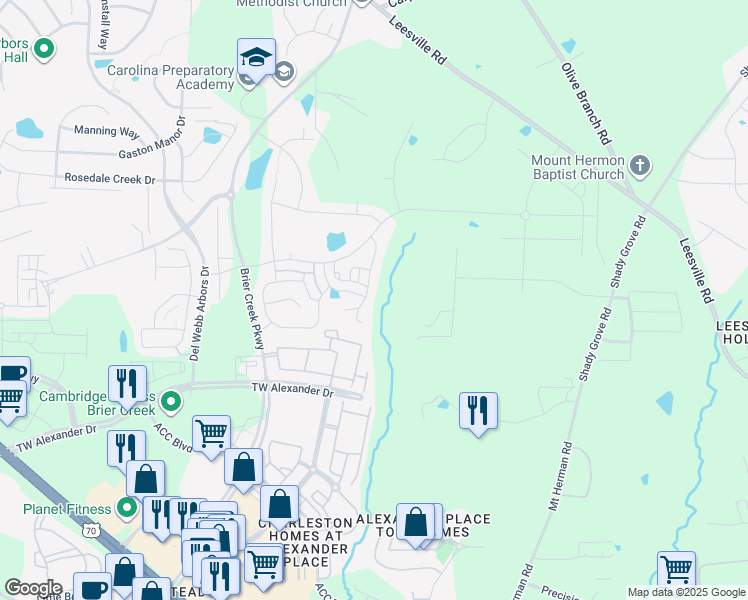 map of restaurants, bars, coffee shops, grocery stores, and more near 3272 Blue Hill Lane in Durham