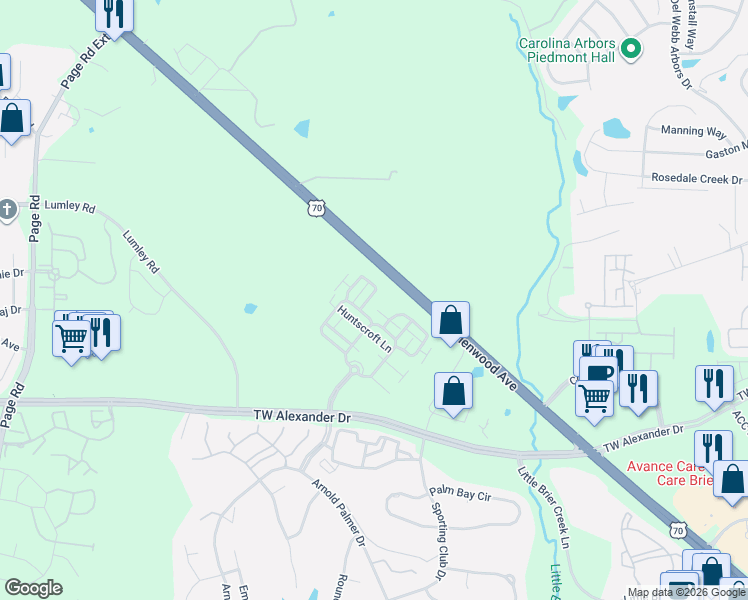 map of restaurants, bars, coffee shops, grocery stores, and more near 2511 Huntscroft Lane in Raleigh