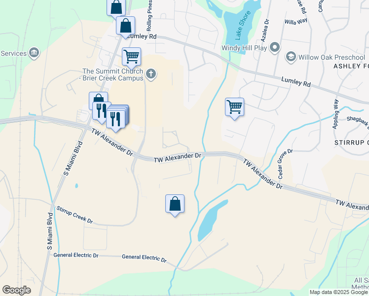 map of restaurants, bars, coffee shops, grocery stores, and more near 1725 TW Alexander Drive in Durham