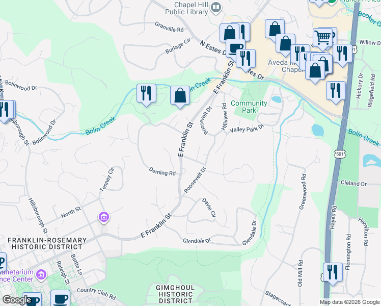map of restaurants, bars, coffee shops, grocery stores, and more near 100 Howell Lane in Chapel Hill