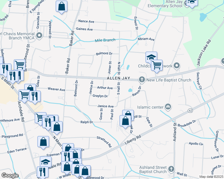 map of restaurants, bars, coffee shops, grocery stores, and more near 1000 Graylyn Drive in High Point