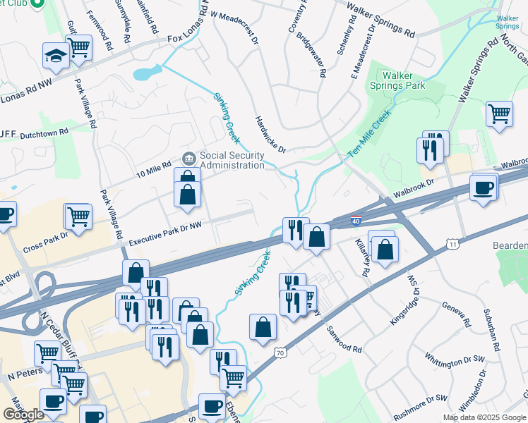 map of restaurants, bars, coffee shops, grocery stores, and more near 200 Prosperity Drive in Knoxville