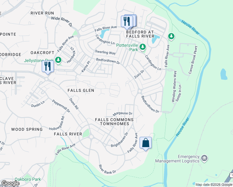 map of restaurants, bars, coffee shops, grocery stores, and more near 10965 Pendragon Place in Raleigh