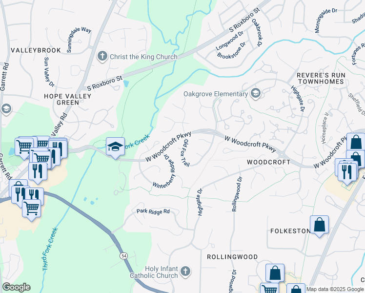map of restaurants, bars, coffee shops, grocery stores, and more near 2 Steeple Chase Court in Durham